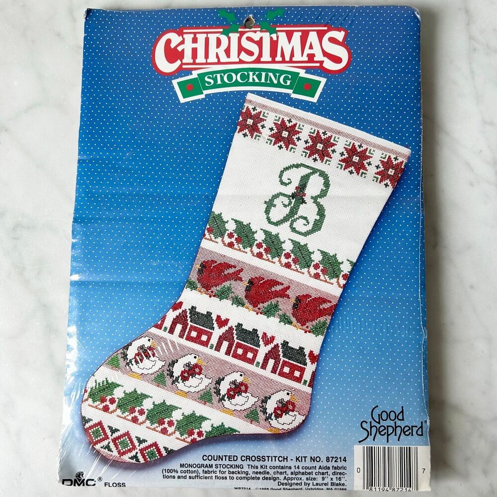 Vintage Good Shepherd Christmas Stocking Monogram Counted Cross Stitch Kit 16"